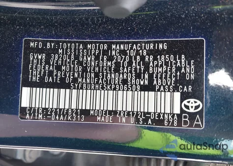 2019 Toyota Corolla Le from USA, damaged, VIN 5YFBURHE5KP906509